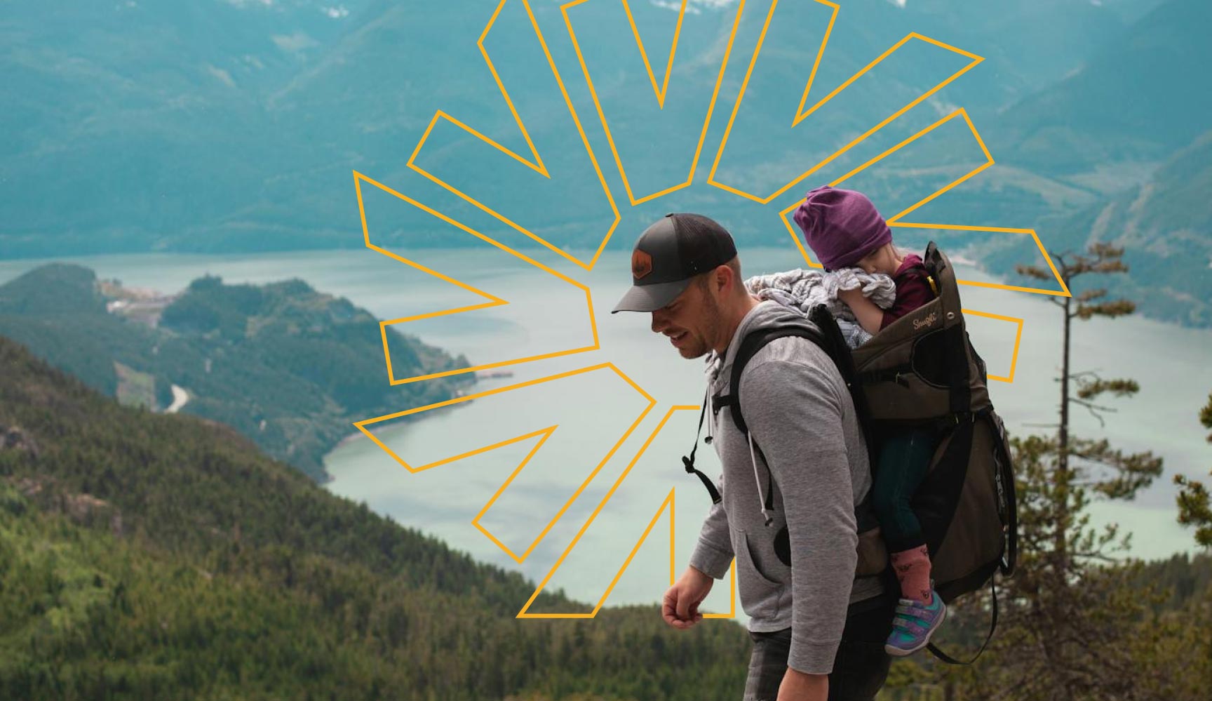 Father and son backpacking in mountains