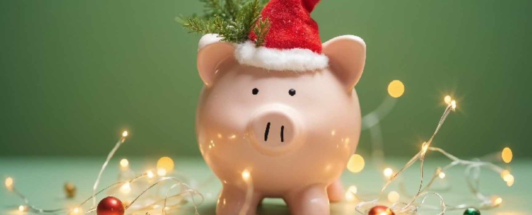 a pink piggy bank with a santa hat 
