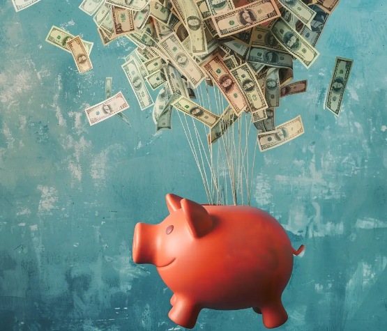 a red piggy bank with dollar bills coming out of it
